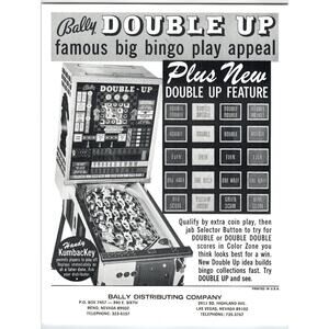 Bally Double Up Arcade Bingo FLYER Pinball Machine Big Bingo Play Appeal Vintage